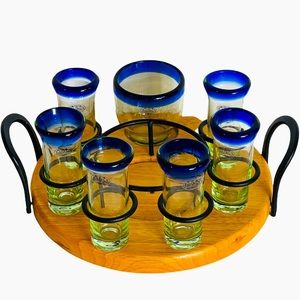 Tequila Shot Glasses Blue Rim w/Wood Carrier